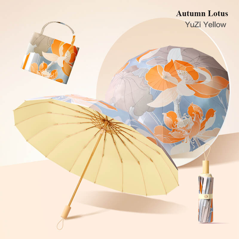 Ô dù cầm tay cao cấp 16 xương gập 3 tay cầm gỗ