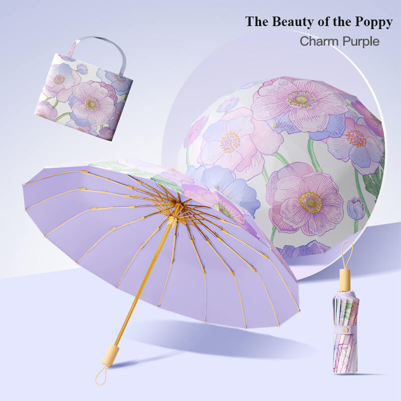 Ô dù cầm tay cao cấp 16 xương gập 3 tay cầm gỗ