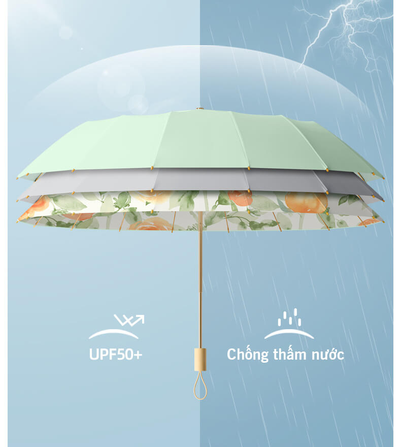 [GẬP 3 - 16 XƯƠNG - 100CM] Ô dù cầm tay cao cấp gập 3, 16 xương họa tiết, tay cầm gỗ