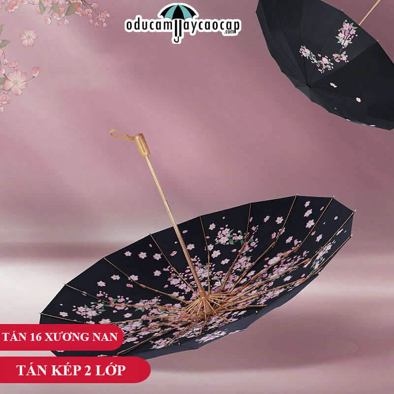 Evening Begonia - [16 XƯƠNG - 102CM - Ô DÙ GẬP 3 - 2 LỚP KÉP] - Ô dù cầm tay cao cấp gập 3 ,16 xương tay cầm gỗ, 2 tán kép họa tiết, chống UV