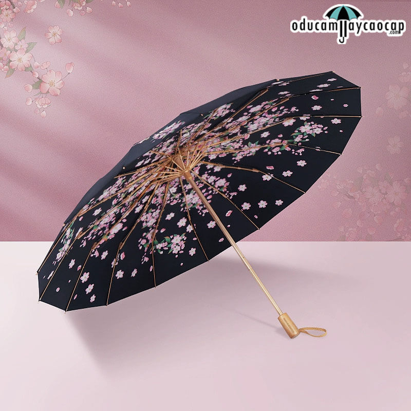 Evening Begonia - [16 XƯƠNG - 102CM - Ô DÙ GẬP 3 - 2 LỚP KÉP] - Ô dù cầm tay cao cấp gập 3 ,16 xương tay cầm gỗ, 2 tán kép họa tiết, chống UV