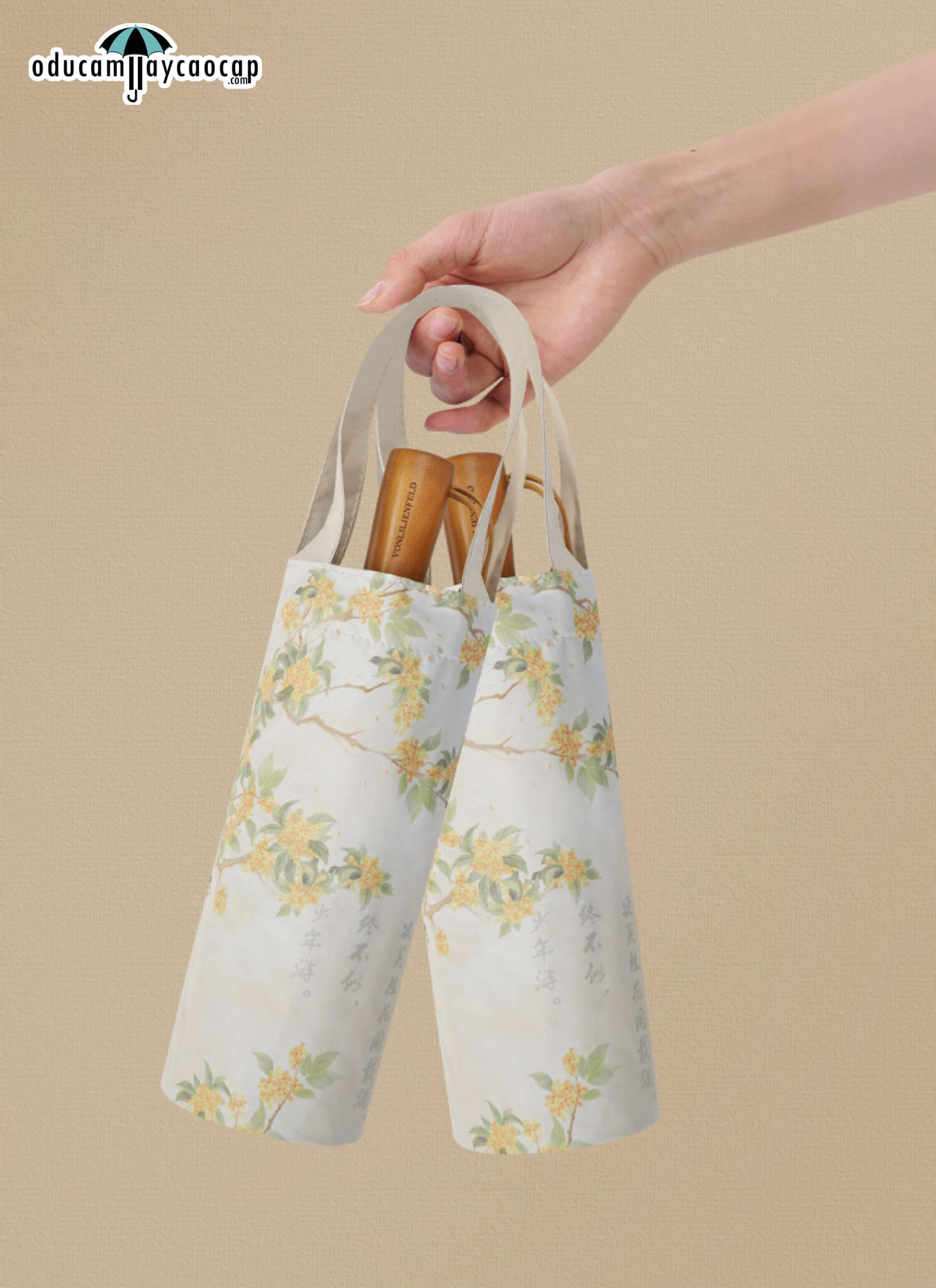  Ô dù cầm tay cao cấp gập 3 ,16 xương tay cầm gỗ, 2 tán kép họa tiết, chống UV