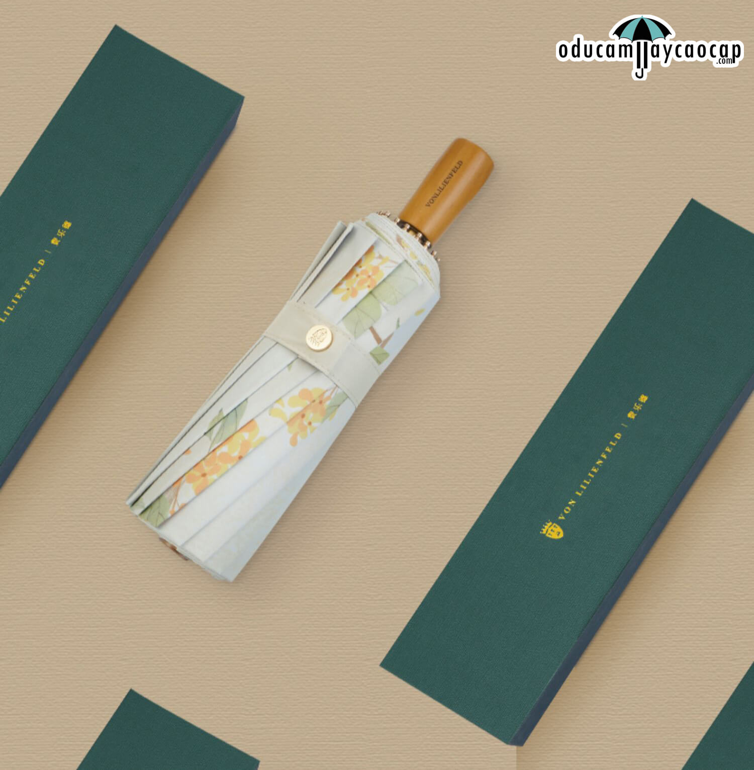  Ô dù cầm tay cao cấp gập 3 ,16 xương tay cầm gỗ, 2 tán kép họa tiết, chống UV