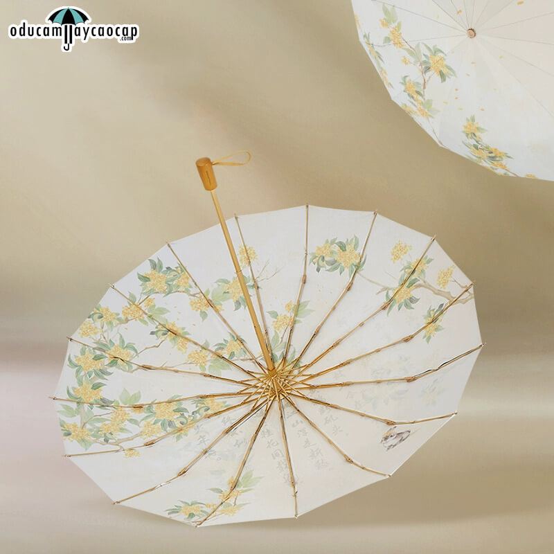 Ô dù cầm tay cao cấp gập 3 ,16 xương tay cầm gỗ, 2 tán kép họa tiết, chống UV