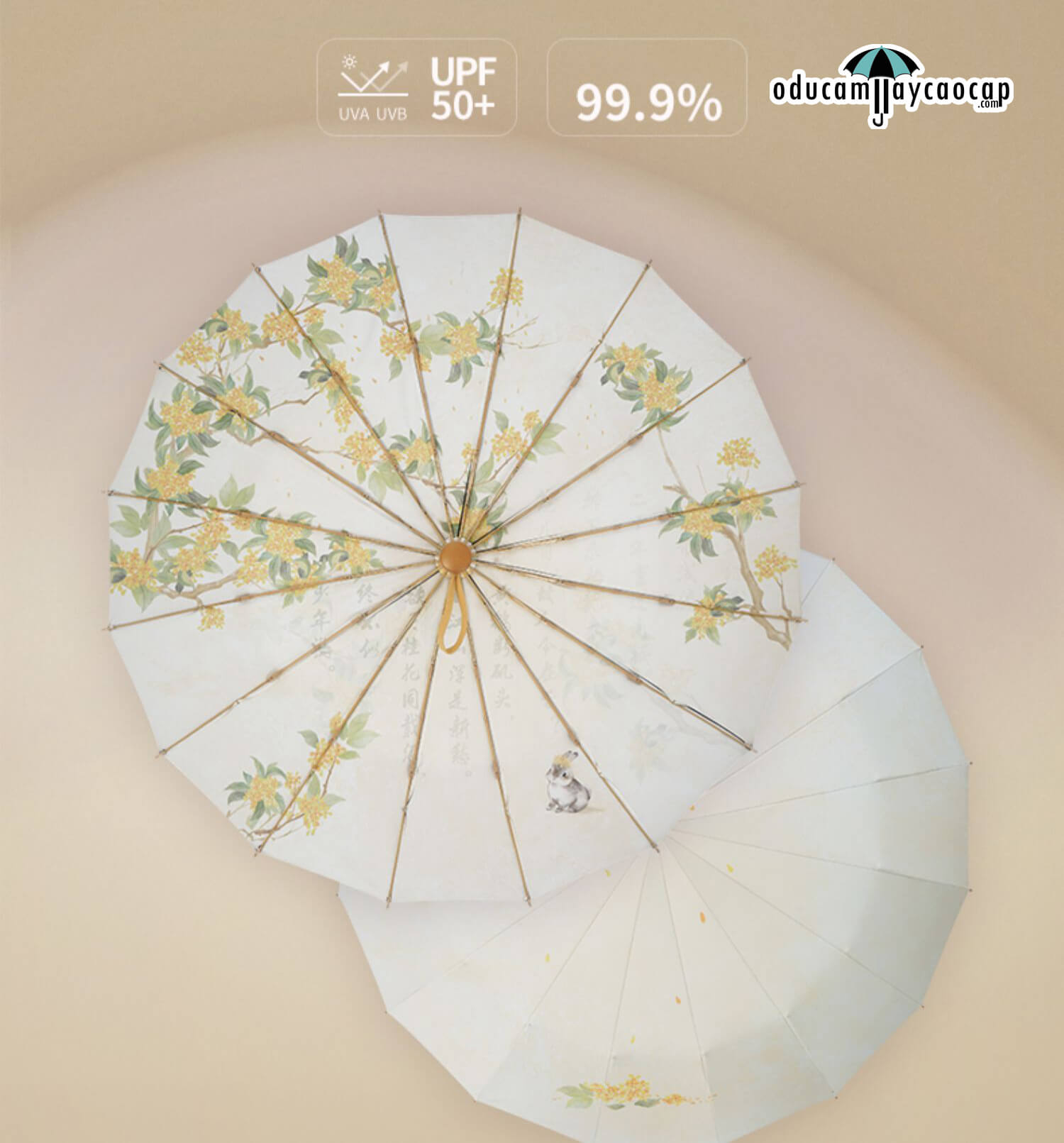  Ô dù cầm tay cao cấp gập 3 ,16 xương tay cầm gỗ, 2 tán kép họa tiết, chống UV