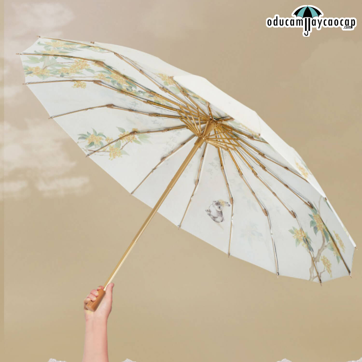  Ô dù cầm tay cao cấp gập 3 ,16 xương tay cầm gỗ, 2 tán kép họa tiết, chống UV