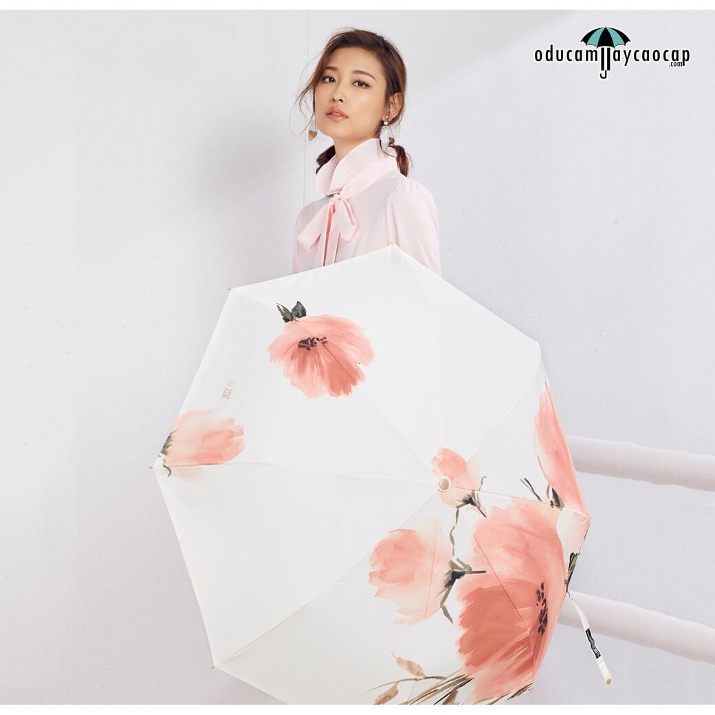 Ô dù cầm tay cao cấp siêu sang tay cầm hoa hồng - Draw Flower - White Gum Rose Umbrella