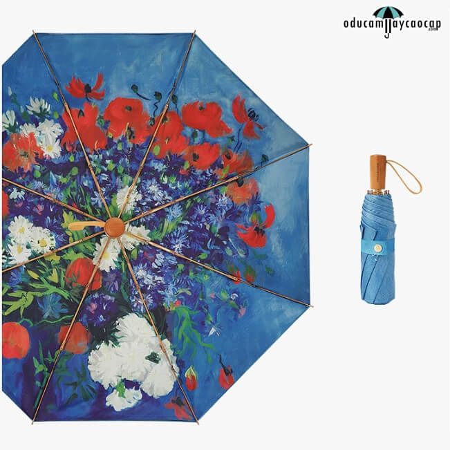 Blue Floral Design - [SIÊU SANG - GẤP 3 - 8 XƯƠNG] Ô dù cầm tay cao cấp gấp 3 siêu sang trọng, tay cầm gỗ, tán kép 2 lớp