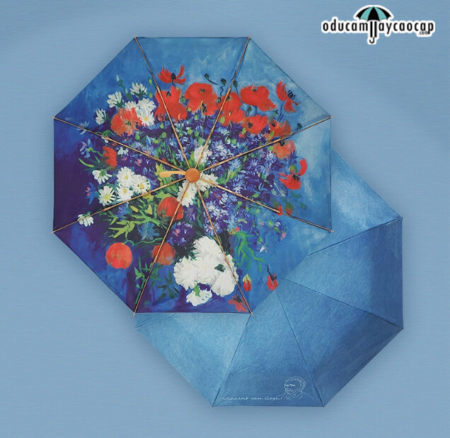 Blue Floral Design - [SIÊU SANG - GẤP 3 - 8 XƯƠNG] Ô dù cầm tay cao cấp gấp 3 siêu sang trọng, tay cầm gỗ, tán kép 2 lớp