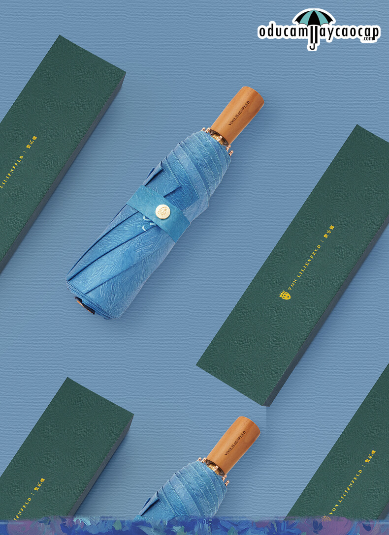 Blue Floral Design - [SIÊU SANG - GẤP 3 - 8 XƯƠNG] Ô dù cầm tay cao cấp gấp 3 siêu sang trọng, tay cầm gỗ, tán kép 2 lớp