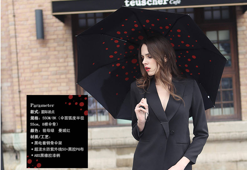 Dù cầm tay Hongkong chống tia UV họa tiết chấm bi bên trong ấn tượng, tinh tế, sang trọng (Màu đỏ). Dù 2 lớp cao cấp.