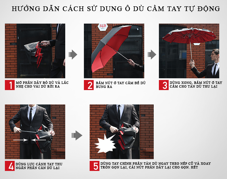 [TỰ ĐỘNG LỚN] Ô dù cầm tay tự động cao cấp Hongkong chống tia UV 2 lớp đen đỏ