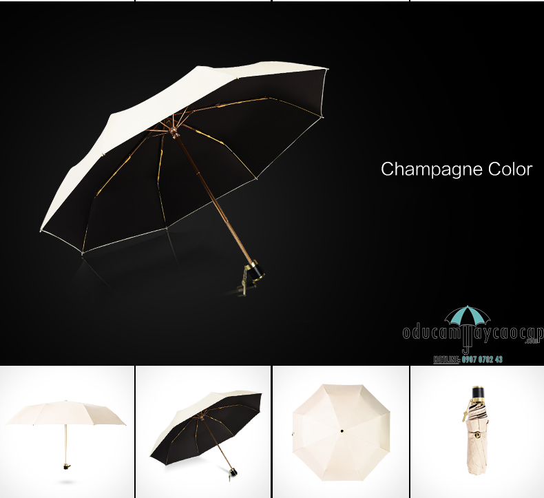 ô dù cầm tay cao cấp champagne bên ngoài và màu đen bên trong kết hợp khung dù mạ vàng sang trọng quý phái